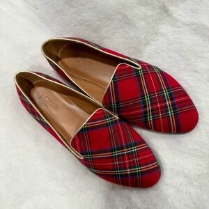 J CREW Shoes Womens 7.5 Tartan Loafers Red Black Green Plaid Flats Slip On Shoes